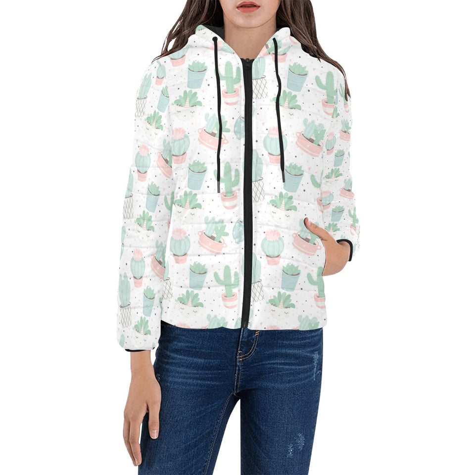 Pastel color cactus pattern Women's Padded Hooded Jacket
