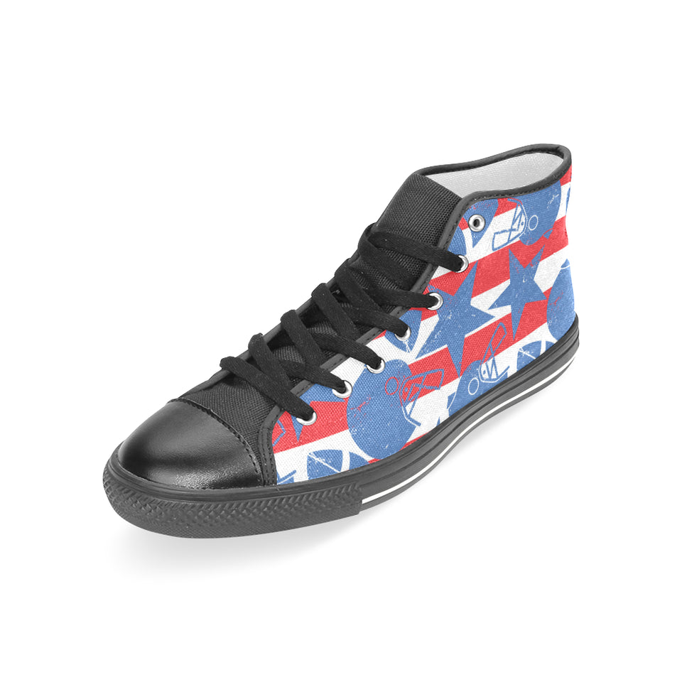 American football ball star stripes pattern Women's High Top Canvas Canvas Shoes Black
