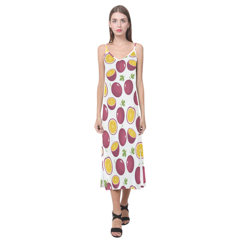 Passion fruit design pattern V-Neck Open Fork Long Dress