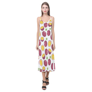 Passion fruit design pattern V-Neck Open Fork Long Dress