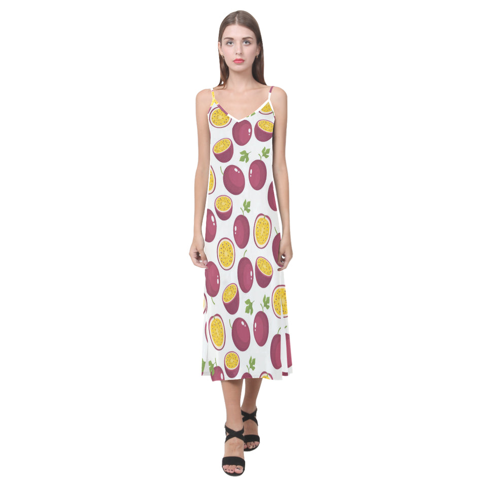 Passion fruit design pattern V-Neck Open Fork Long Dress