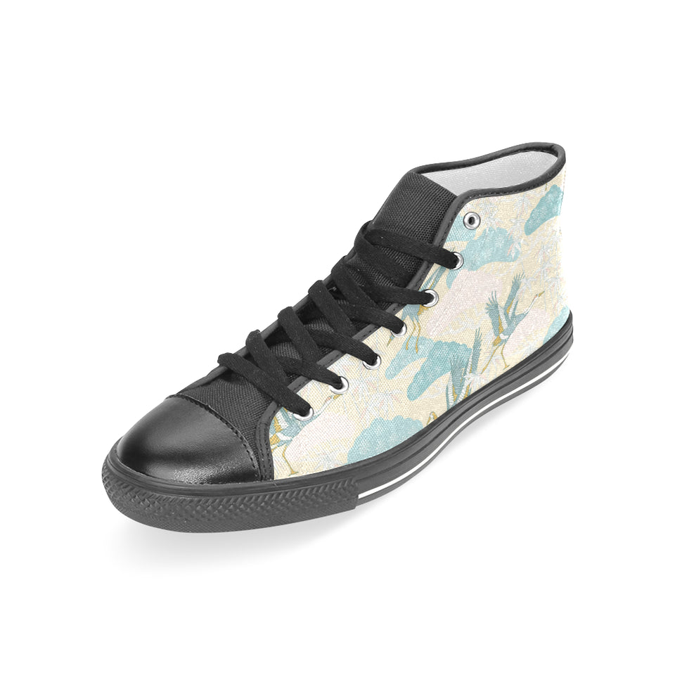 Bonsai bamboo stork japanese pattern cream theme Women's High Top Canvas Shoes Black