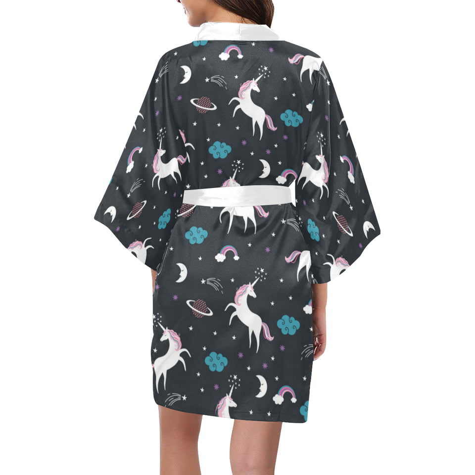 unicorn rainbows moon clound star pattern Women's Short Kimono Robe