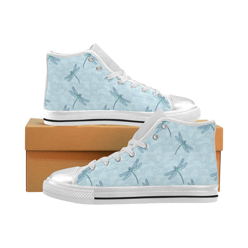 Dragonfly pattern blue background Women's High Top Canvas Shoes White