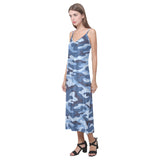 Blue camouflage pattern V-Neck Open Fork Long Dress