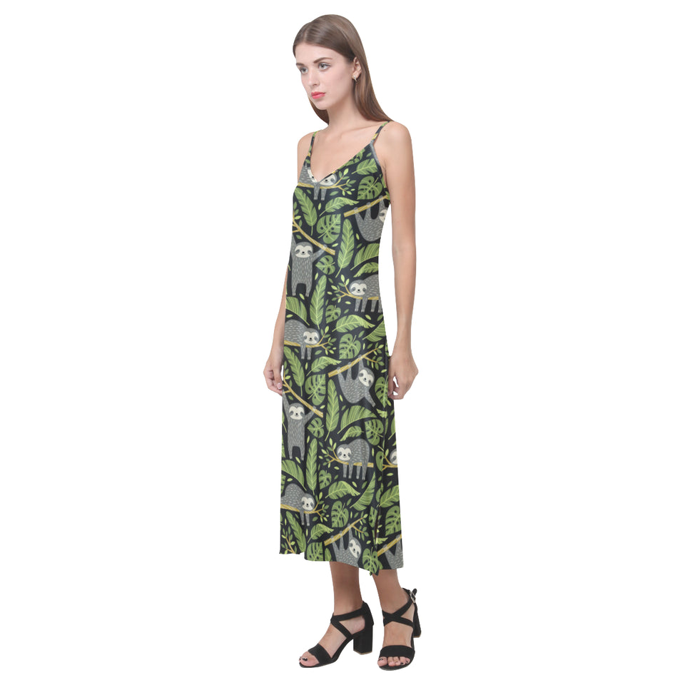 Cute sloths tropical palm leaves black background V-Neck Open Fork Long Dress