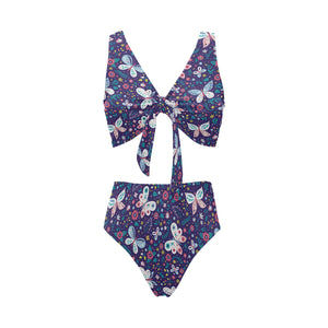 Colorful butterfly flower pattern.eps Chest Bowknot High Waisted Bikini Swimsuit