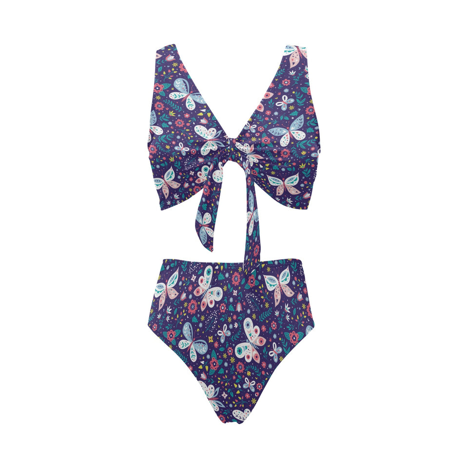 Colorful butterfly flower pattern.eps Chest Bowknot High Waisted Bikini Swimsuit