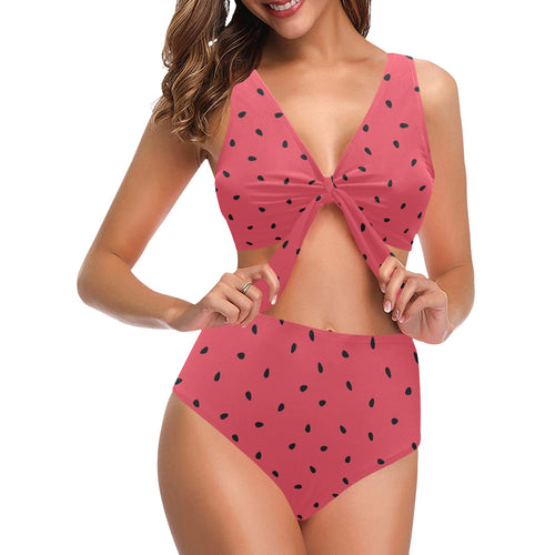 watermelon texture background Chest Bowknot High Waisted Bikini Swimsuit