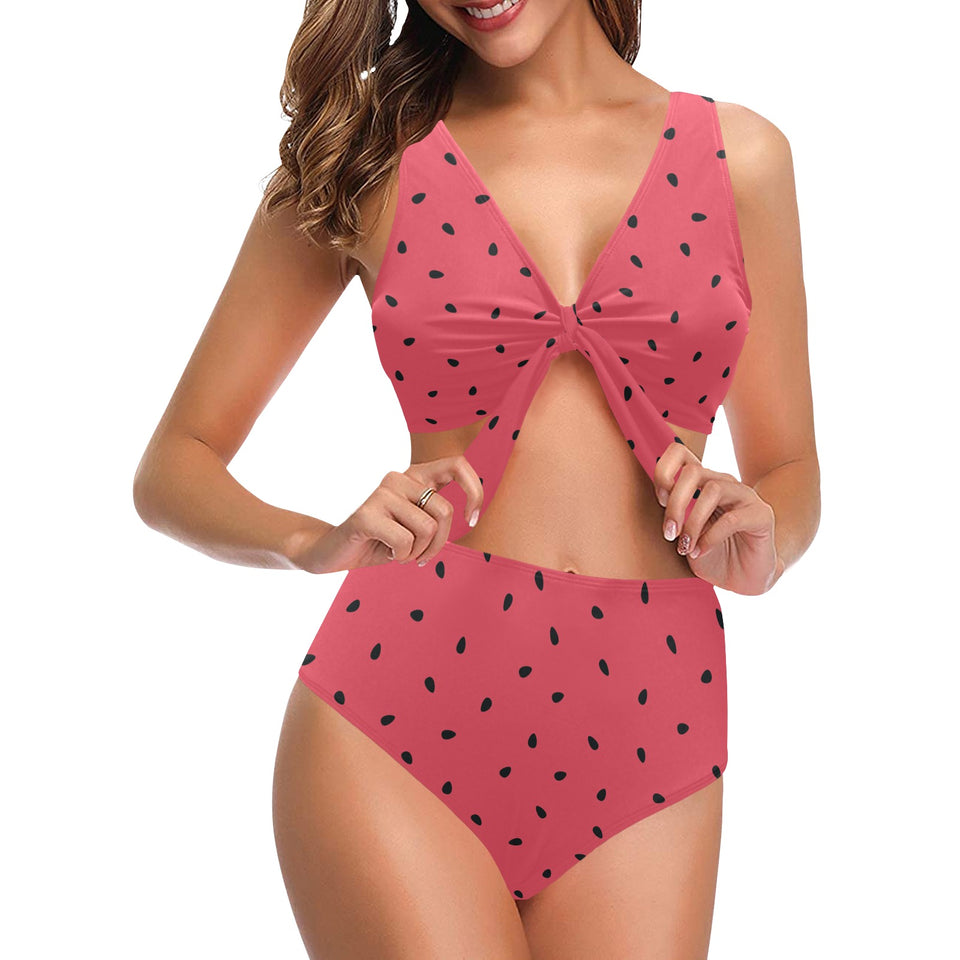 watermelon texture background Chest Bowknot High Waisted Bikini Swimsuit