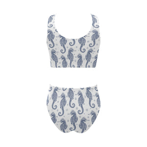 Seahorse pattern background Chest Bowknot High Waisted Bikini Swimsuit