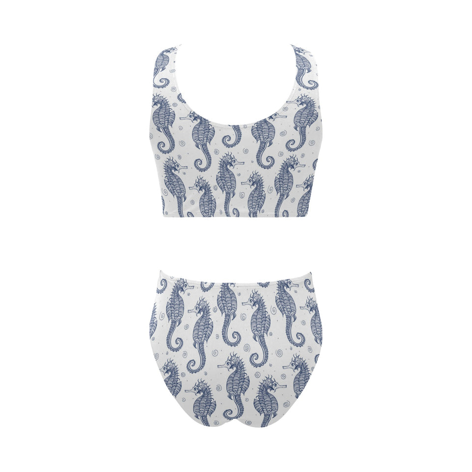 Seahorse pattern background Chest Bowknot High Waisted Bikini Swimsuit