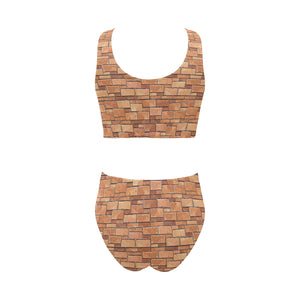 Brick Printed Pattern Print Design 04 Chest Bowknot High Waisted Bikini Swimsuit