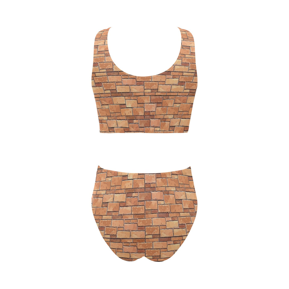 Brick Printed Pattern Print Design 04 Chest Bowknot High Waisted Bikini Swimsuit