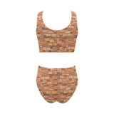Brick Printed Pattern Print Design 04 Chest Bowknot High Waisted Bikini Swimsuit