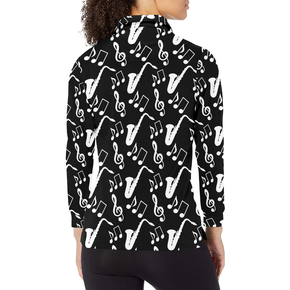 Saxophone music notes treble clef black white them Women's Long Sleeve Polo Shirt