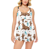 sea lion Seals jellyfish pattern Chest Sexy Pleated Two Piece Swim Dress