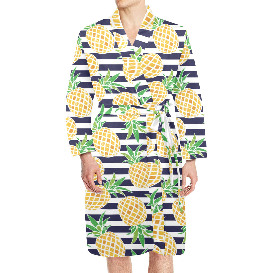 Pineapples pattern striped background Men's Long Sleeve Belted Night Robe