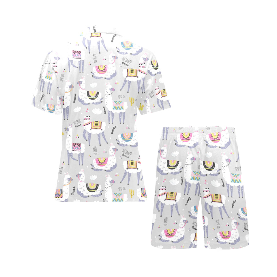 Cute Llama Alpaca pattern Men's V-Neck Short Pajama Set