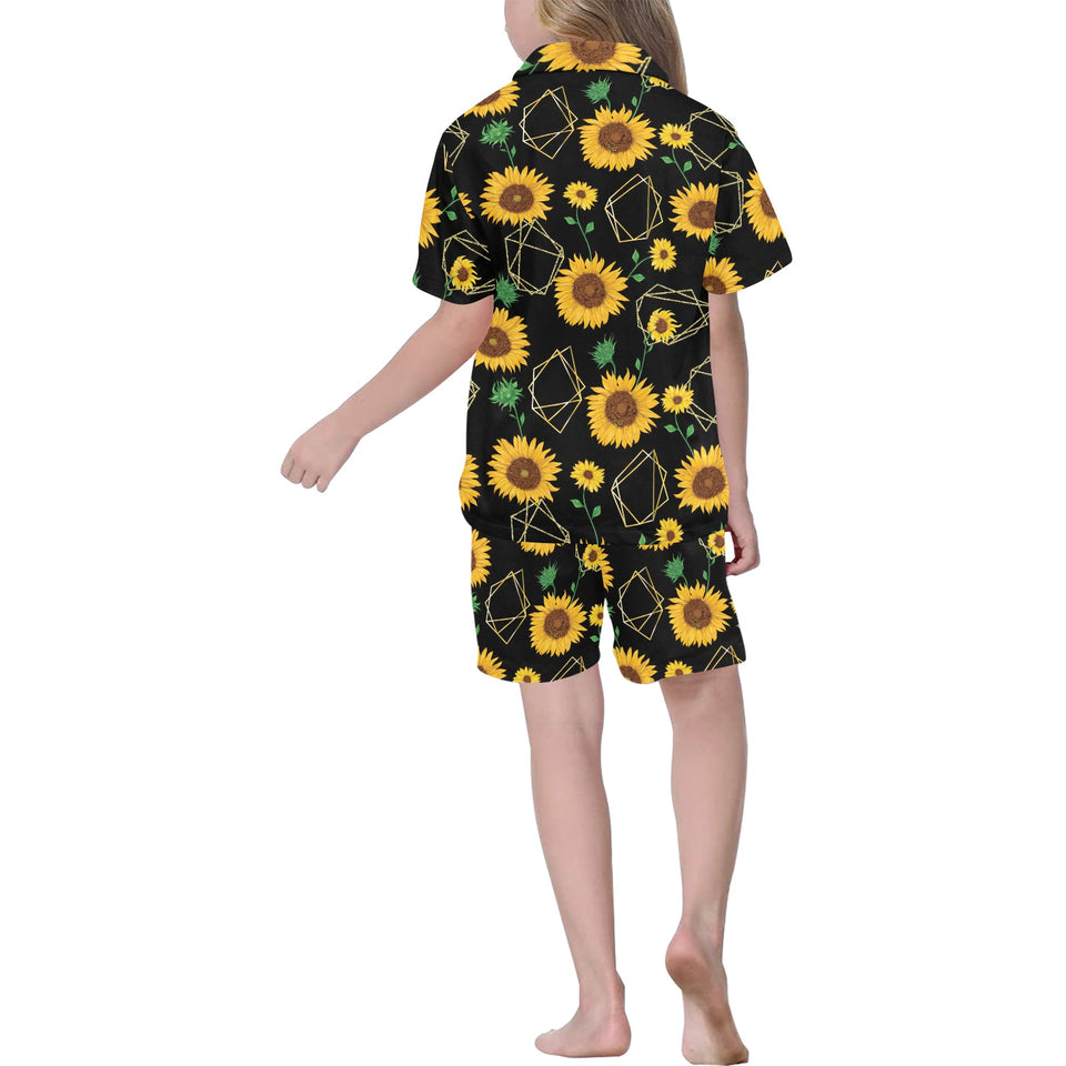 sunflower golden polygonal shapes Kids' Boys' Girls' V-Neck Short Pajama Set
