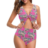 Chameleon lizard pattern pink background Chest Bowknot High Waisted Bikini Swimsuit