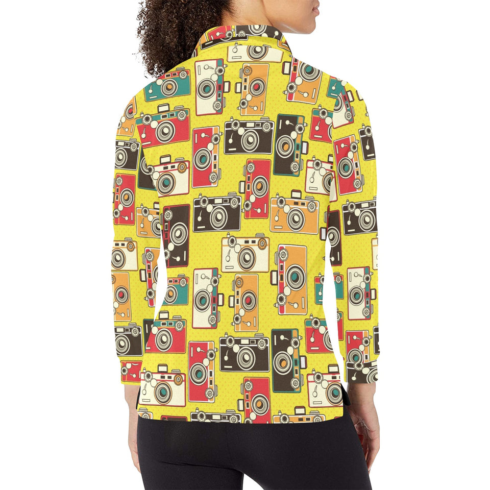Camera Pattern Print Design 02 Women's Long Sleeve Polo Shirt