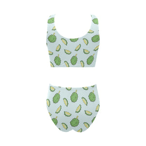 Durian pattern blue background Chest Bowknot High Waisted Bikini Swimsuit