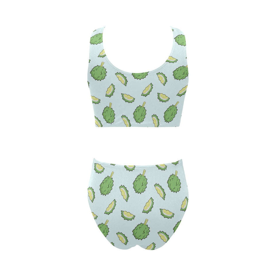 Durian pattern blue background Chest Bowknot High Waisted Bikini Swimsuit