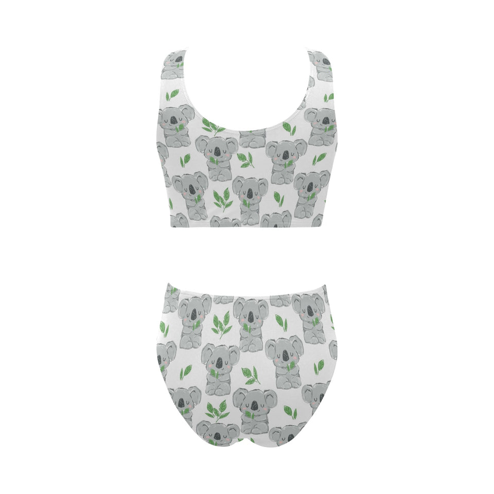 Hand drawn Koala leaves pattern Chest Bowknot High Waisted Bikini Swimsuit