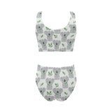 Hand drawn Koala leaves pattern Chest Bowknot High Waisted Bikini Swimsuit