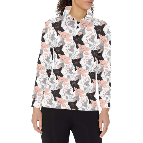 Pig Pattern Print Design 05 Women's Long Sleeve Polo Shirt