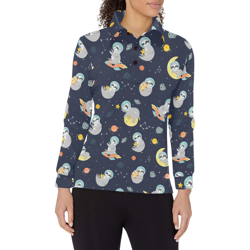 Cute sloth astronaut star planet rocket pattern Women's Long Sleeve Polo Shirt