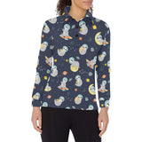 Cute sloth astronaut star planet rocket pattern Women's Long Sleeve Polo Shirt
