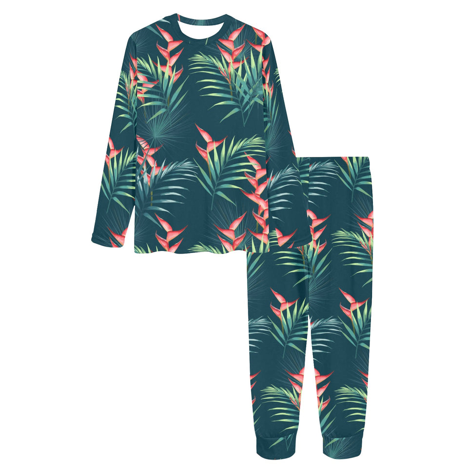 heliconia flowers, palm and monstera leaves on bla Women's All Over Print Pajama Set