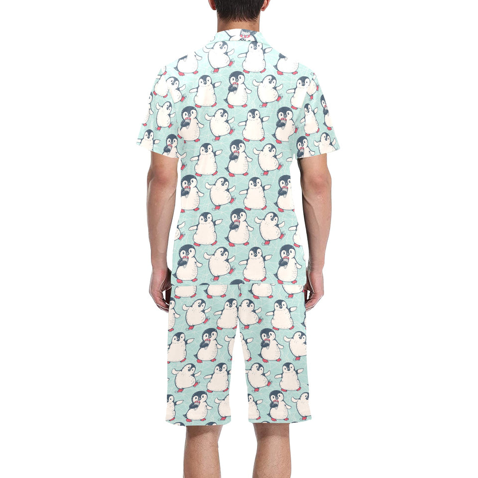 Cute Penguin pattern Men's V-Neck Short Pajama Set