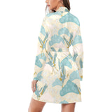Bonsai bamboo stork japanese pattern cream theme Women's Long Sleeve Belted Night Robe