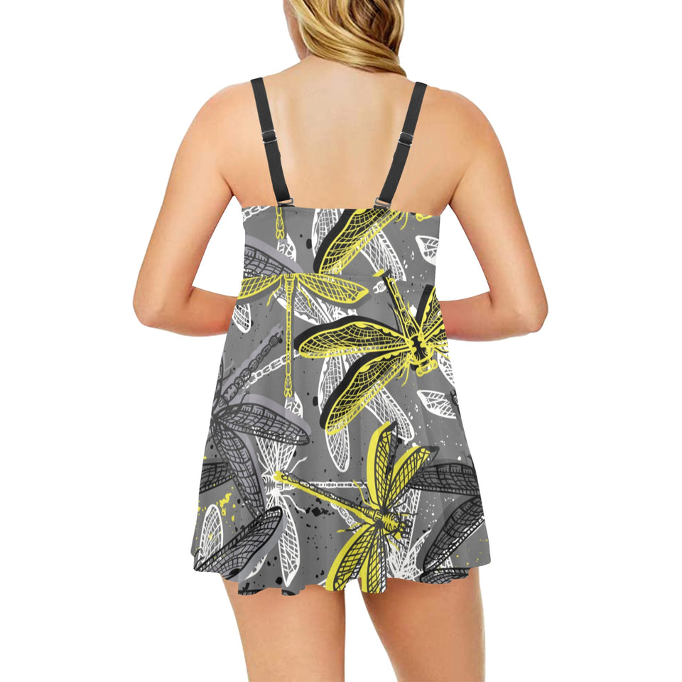 Hand drawn dragonfly pattern Chest Sexy Pleated Two Piece Swim Dress