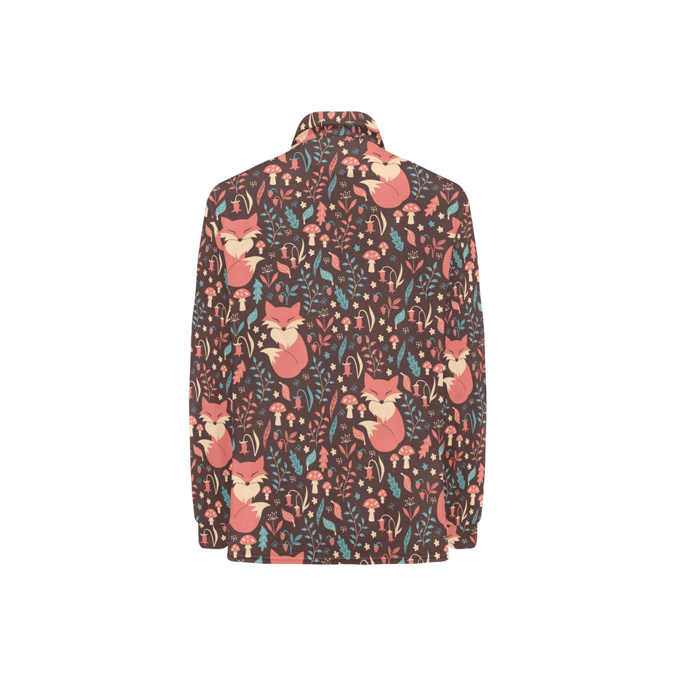 fox leaves mushroom pattern Women's Long Sleeve Polo Shirt