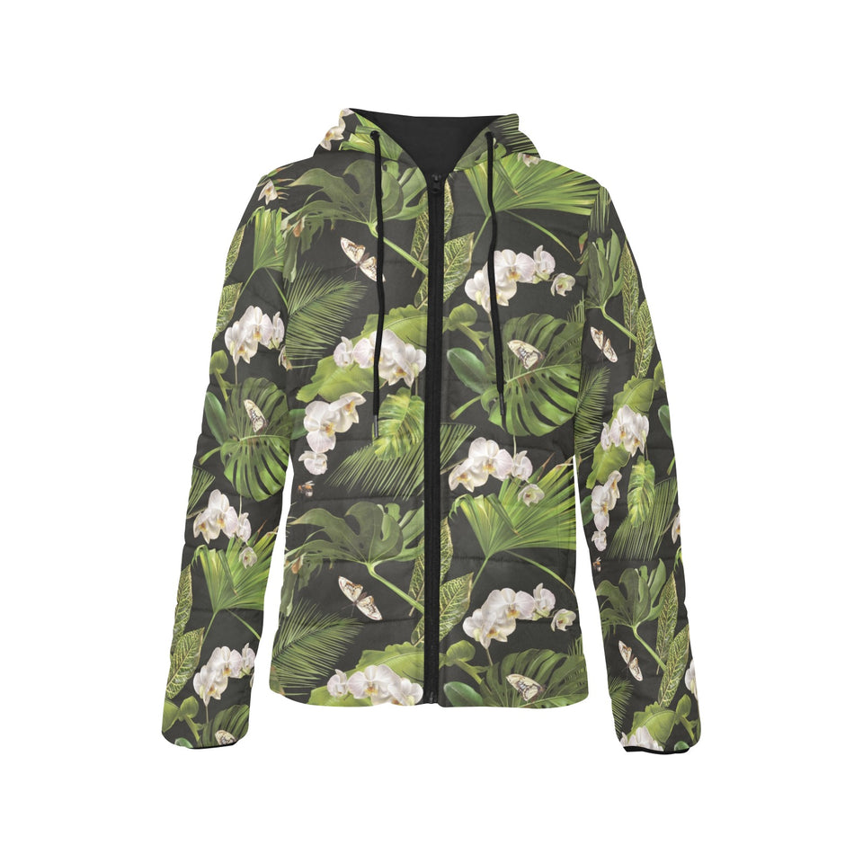 White orchid flower tropical leaves pattern blackg Women's Padded Hooded Jacket