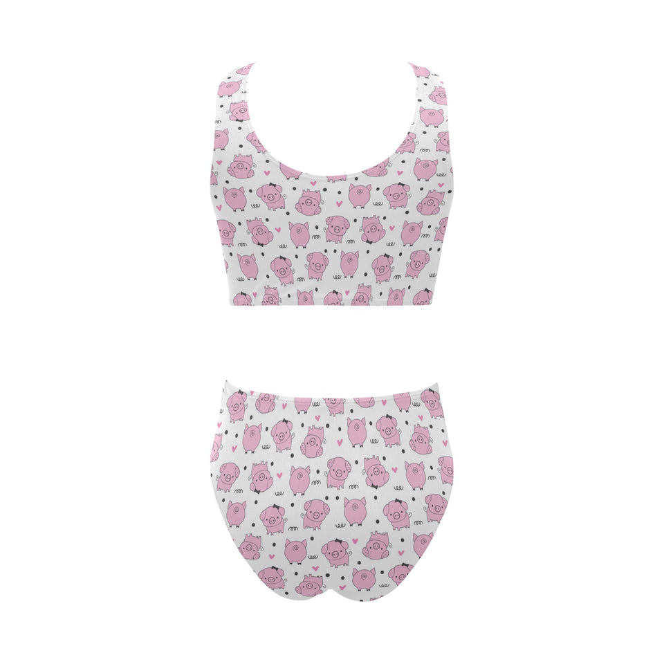 Pig Pattern Print Design 03 Chest Bowknot High Waisted Bikini Swimsuit