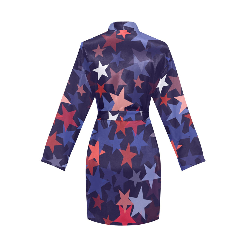 Red blue star pattern Women's Long Sleeve Belted Night Robe