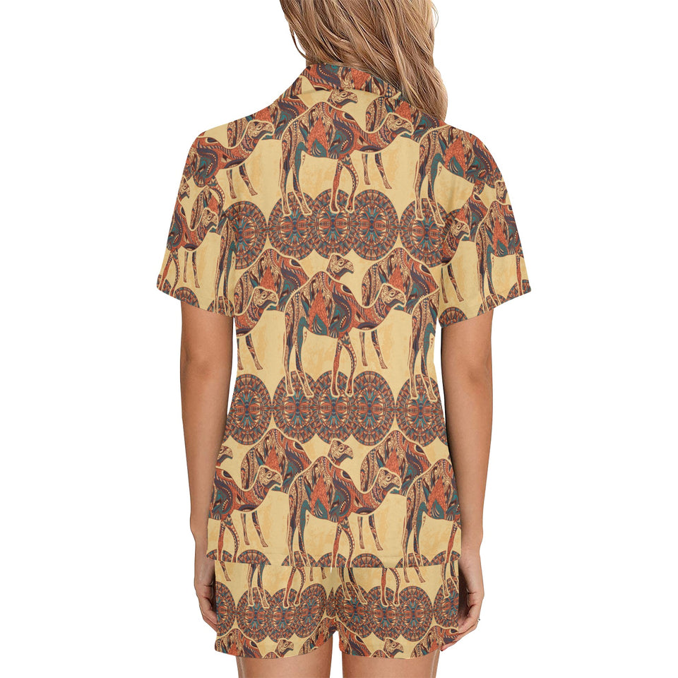 Camel polynesian tribal design pattern Women's V-Neck Short Pajama Set