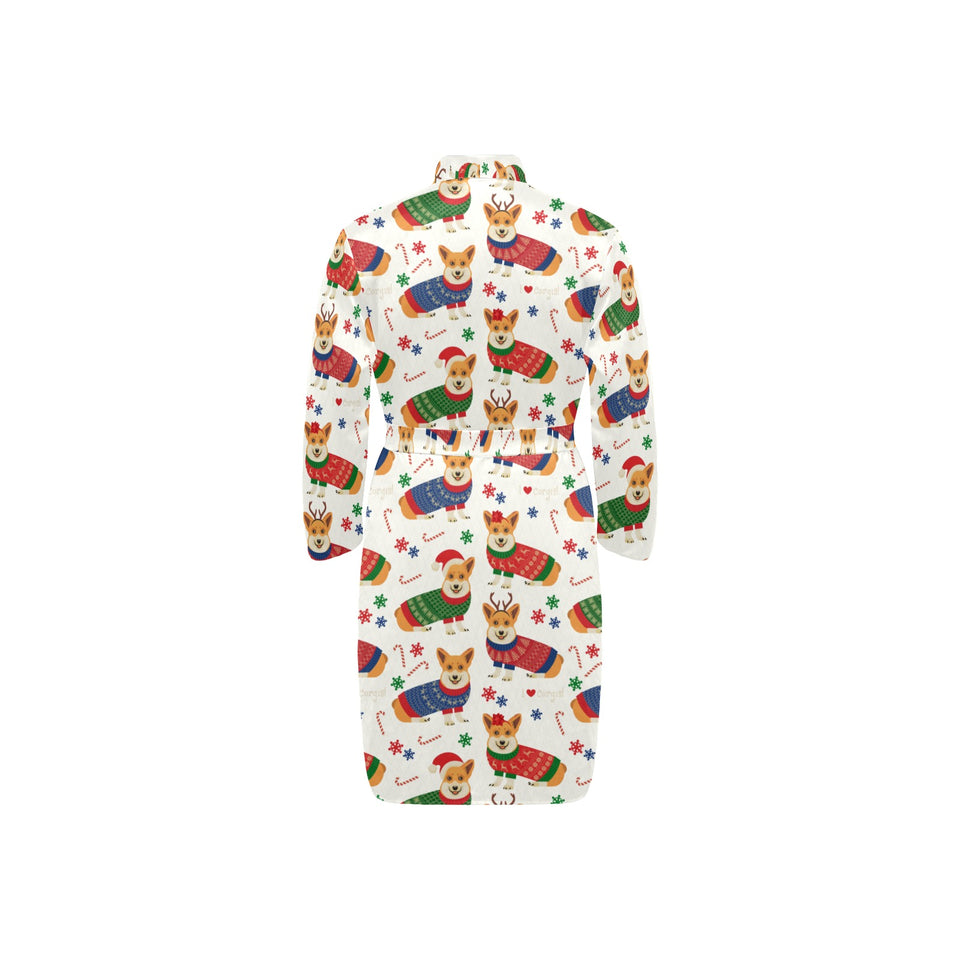 Corgi Christmas Pattern Men's Long Sleeve Belted Night Robe