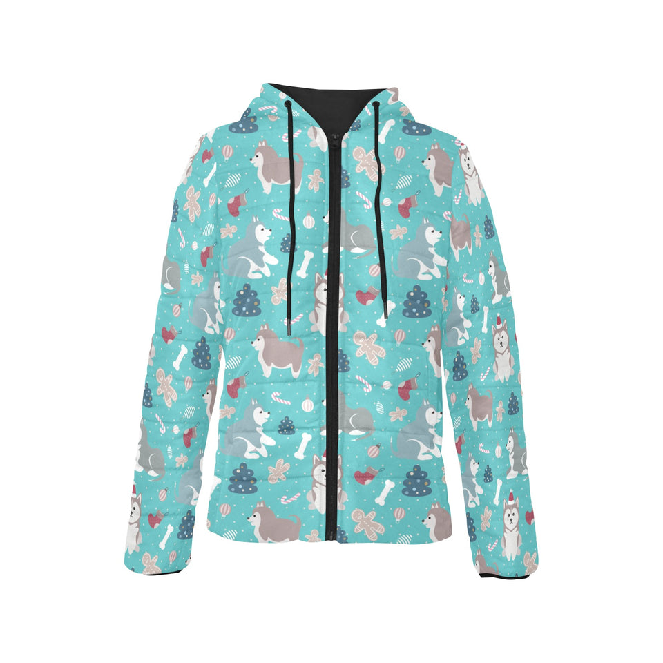 Christmas cute siberian husky puppie pattern Women's Padded Hooded Jacket