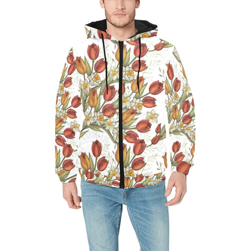 Red tulips and daffodils pattern Men's Padded Hooded Jacket