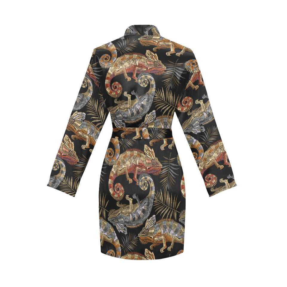 Chameleon lizard tropical leaves palm tree Women's Long Sleeve Belted Night Robe