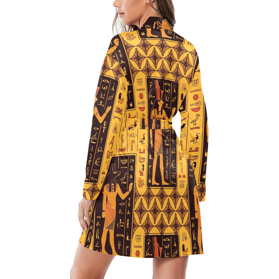 Egypt Hieroglyphics Pattern Print Design 05 Women's Long Sleeve Belted Night Robe
