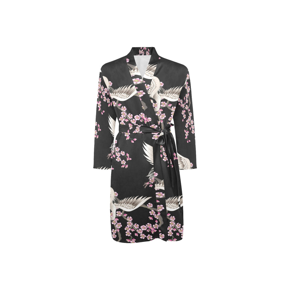 Japanese crane pink sakura pattern Men's Long Sleeve Belted Night Robe