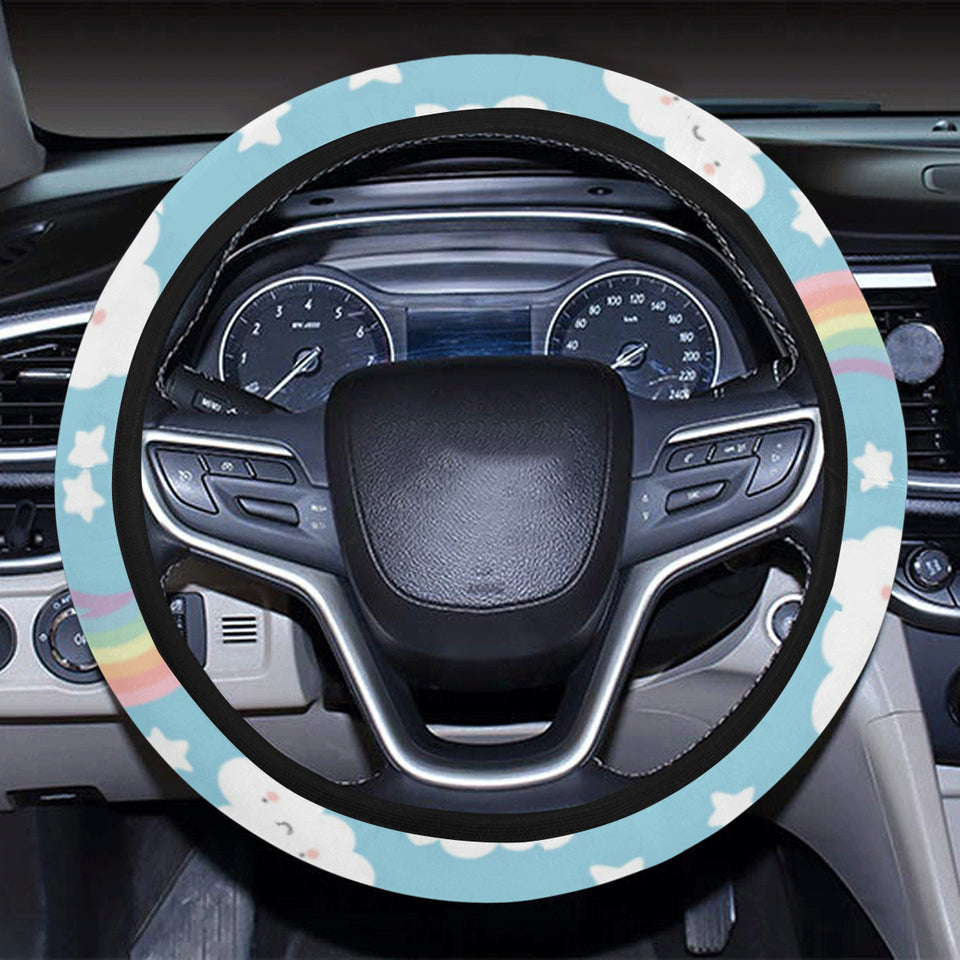 Cute rainbow clound star pattern blue background Car Steering Wheel Cover