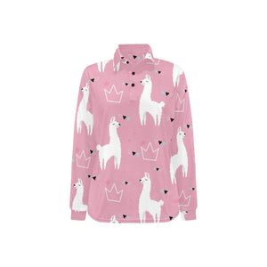 Llama Alpaca pink background Women's Long Sleeve Polo Shirt